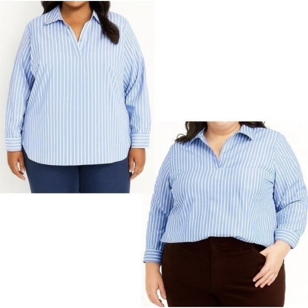 TALBOTS Striped Poplin Popover Size 1X Collared Pullover Preppy Relaxed